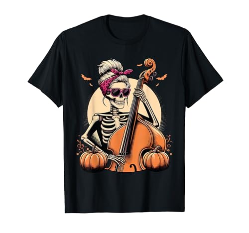 Skeleton Playing Upright Bass Guitar Halloween Women T-Shirt