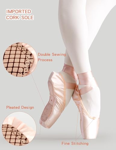 Dayrose Ballet Pointe Shoes, Pink Ballet Pointe Shoes for Girls and Women with Toe Pads3