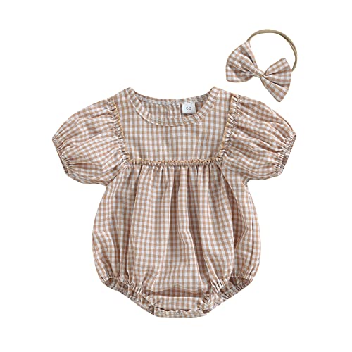 Infant Baby Girl Summer Outfit Plaid Romper Boho Short Sleeve Ruffle Bodysuit with Headband Clothes