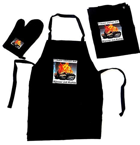 Tinas Collection - Juego de 3 delantales Negro con texto, delantal para barbacoa, guante de horno y paño de cocina, regalos para hombres 7