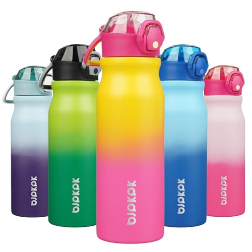 Image of BJPKPK 25 oz Insulated Water Bottle, Straw, Handle, Stainless Steel Flask | Leak Proof Locking Lid, Thermal, Double Wall Vacuum, Keeps Hot /Cold, BPA Free, Dishwasher Safe, Travel & Sports, Rainbow