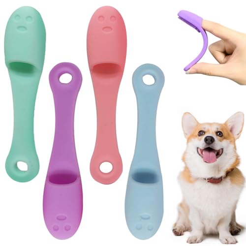 FENQURO Cepillo de dientes de dedo para perro, paquete de 4 unidades, kit de cepillado de dientes de perro, cepillo de dientes para mascotas, cepillo de dientes para cachorros con silicona de grado