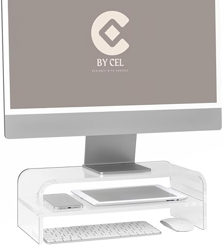 BY CEL Soporte de monitor acrílico prémium para escritorio, soporte transparente de 2 niveles para computadora portátil de 16 pulgadas, soporte