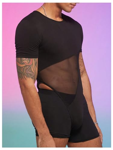 GORGLITTER Men's Mesh Jumpsuit Sheer Bodysuit Crew Neck Short Sleeve Transparent Shirt3