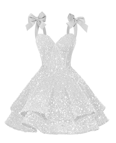 YOFF Sparkly Sequin Bows Homecoming Dresses 2026 Short Spaghetti Straps Tiered Satin Sweet 16 Prom Cocktail Dress YO220