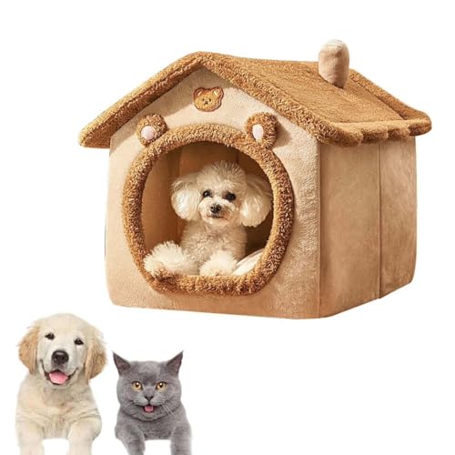 ペット ベット 防寒 ふわふわ 犬ベッド 室内 猫 ペットハウス 暖かい巣 洗える キャットベッド 可愛い 猫寝床 猫ベッド 小動物 ハウス 秋冬保温 家 室内 冬用 寒さ対策 (ブラウン,M)