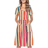  YANFANG Vestido Skater con Botones y Cuello en V para Mujer con Bolsillos Vestido Sunmmer,Vestido Recto Estampado Material de Lino Tendencia de Moda Superior Delgada,Caqui