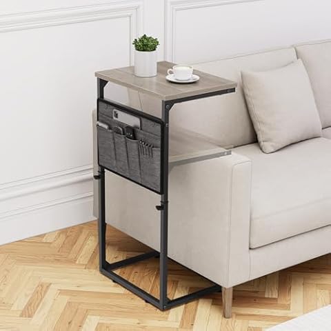 Vagusicc C Shaped End Table, 33'' Tall Side Table for Couch, Adjustable Height Small Couch Side Table for Small Spaces, End Table Slide Under Sofa Table TV Tray with Metal Frame for Living Room, Grey Cover