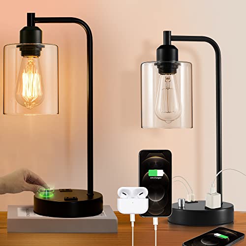 Lediary Set Of 2 Industrial Table Lamps With Ac Outlet And 2 Usb Ports, Fully Stepless Dimmable Bedside Lamps, Nightstand Lamp With Glass Shade For Bedroom, Living Room, Office, 2200K Bulbs Included #TOP2