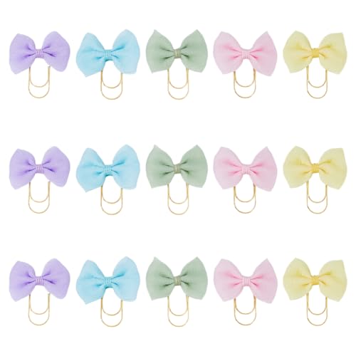 SUPERFINDINGS 15Pcs 5 Colors Bow Paper Clips Golden Metal Paperclips 2.9x2.7in Planner Clips Soft Cloth Bowknot Bookmarks Dainty Paperclip Planner Accessories for Woman Girls Paperwork Office School