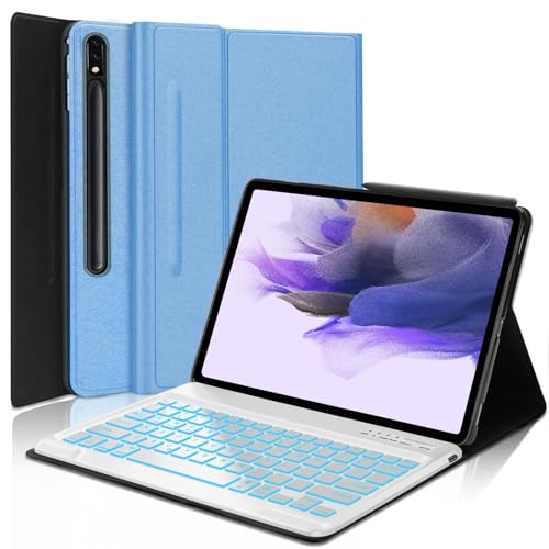 Galaxy Tab S7 FE Case 12.4' Tablets with Keyboard for Samsung Galaxy Tab S8 Plus/Tab S7 Plus S7+ S8+Case,7 Colors Backlit Tablet Cover Wireless Bluetooth Keyboard with S Pen Holder (Sky Blue)