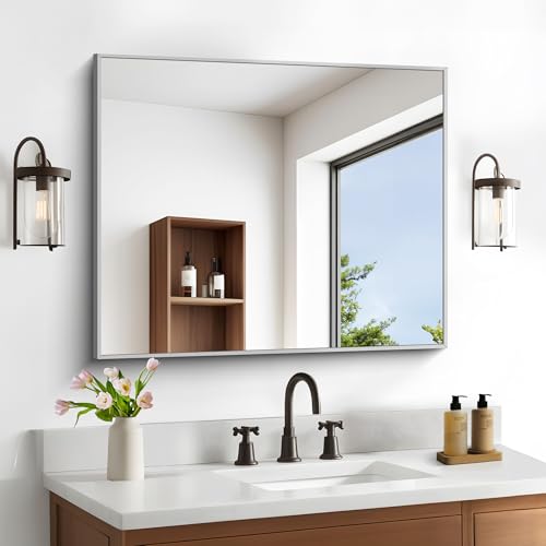 Image of DESBING 30 inch x 30 inchBathroom Mirror, Silver Rectangle Corner Wall Mirror with Metal Frame, Decorative Rectangular Vanity Mirror for Bedroom Bathroom Living Room Entryway (Horizontal /Vertical)