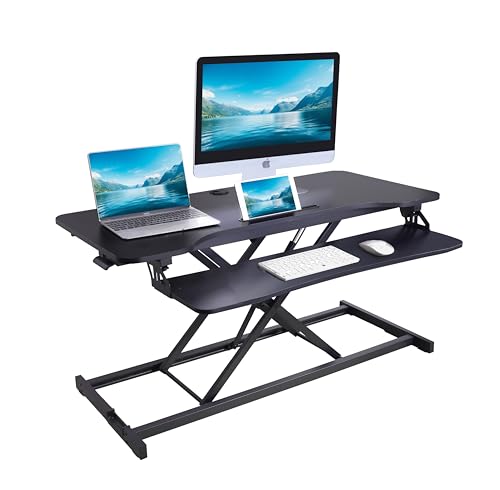 Rocelco 43" Height Adjustable Standing Desk Converter - Tall Sit Stand Up Tabletop Riser with Tablet Slot - Home Office Computer Workstation - Deep Keyboard Tray for Laptop Mouse - Black (R VADRB-43)