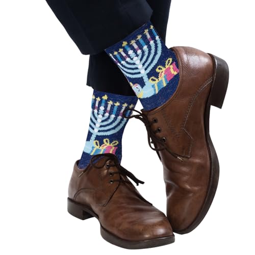 Image of Rite Lite Hanukkah Menorah Socks | Adult Crew Sock Fits Shoe Size 8-12 Blue Chanukah Cozy Socks Jewish Holiday Party Favors Accessories Decorations Gifts Festival of Lights (Ugly Sweater)