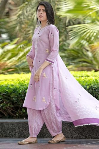Image of Women's Cotton Embroidered Straight Kurti with pant and Dupatta Set
