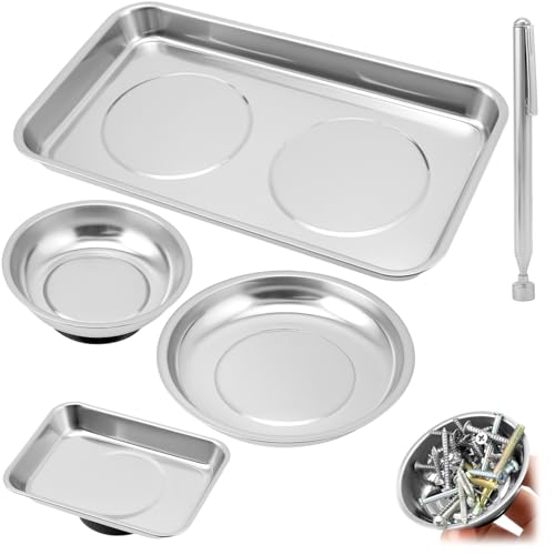 QWORK® 5-Piece Magnetic Tool Tray Set, Magnetic Trays with 3LB Magnetic Pickup Stick, for Nuts and Bolts Metal Parts