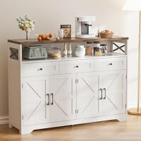 BonVache Sideboard, Küchenschrank mit Schubladen, Aufbewahrungsschrank, Anrichte mit Offenem Regal, Kaffeebar Schrank für Küche, Esszimmer, Wohnzimmer, 130 x 35 x 95cm, Cremeweiß in Holzoptik