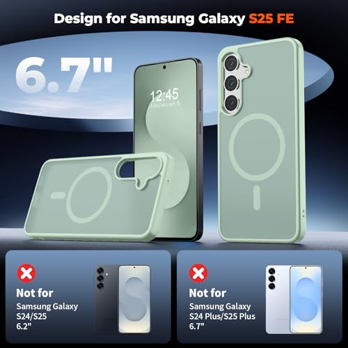 Image of SUPFINE Magnetic for Samsung Galaxy S25 FE Case with Screen Protector, (Built-in Magnets) (Military Grade Drop Protection) Slim Translucent Shockproof Phone Case,Light Green