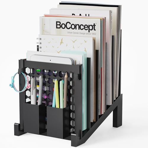 File Organizer for Desk with Storage Box & Hook, Inclined Desk File Organizer with 5-Section Vertical File Holder Suitable for Home Office Document Organization (Black)