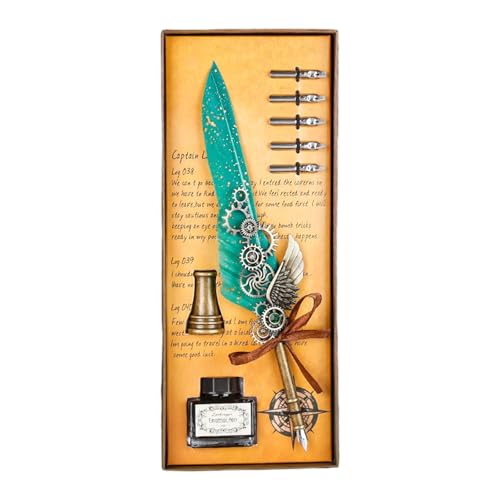 Retro Feathered Fountain Pen with Refillable Inkwell and 5 Size Nibs Antique Dip Pen Gift Set for Beginner Handwriting Refillabl