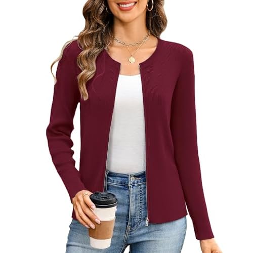 Totatuit Women's Long Sleeve Zip Up Sweater Lightweight Cardigan Crew Neck Tops Zipper Knitted Jacket XX-Large Wine Red