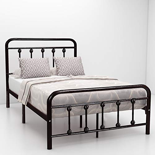 HOMERECOMMEND Dark Bronze Metal Bed Frame Platform with Headboard and Footboard Box Spring Replacement Mattress Foundation Heavy Duty Steel Slats, Twin