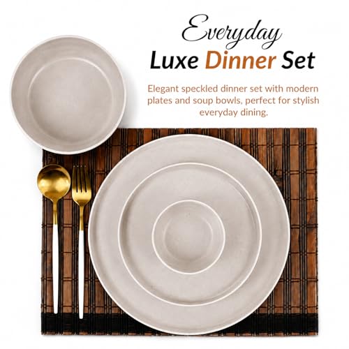 Image of MARKET 99 Minto Beige Melamine Dinner Set 14 Pieces, Matte Round Dinnerware with 6 Full Plates, 6 Quarter Plates, 6 Soup Bowls & 2 Serving Bowls, Food Safe & Refrigerator Safe