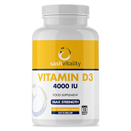Vitamin D3 4000 IU | 365 Vegetarian Tablets  1 Year Supply | Easy to Swallow Quadruple Strength Vitamin D | Maximum Strength D3 Cholecalciferol (Not softgel Capsules) | Veg Society Approved