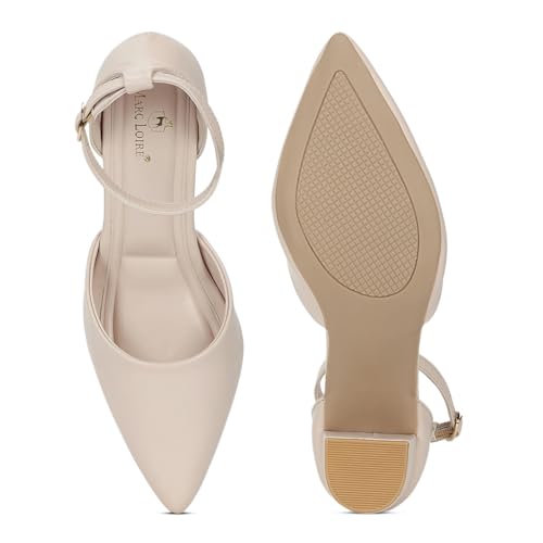 Image of Marc Loire Women's Pointed Toe Block Heel Pumps | Office & Party Shoes with Ankle Loop & Buckle Strap | Formal Footwear