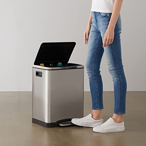 Image of Amazon Basics 30L Dual Bin Soft-Close Trash can with Foot Pedal - 2 x 15 Liter Bins, Stainless Steel, Small Inner bins, Suitable for 1 or 2 People