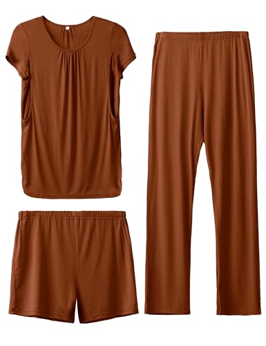 Image of SUNNYBUY Womens Maternity Nursing Pajamas Set, Short Sleeve Breastfeeding Shirts，Pregnancy Shorts & Pants 3 Piece Nursing PJS