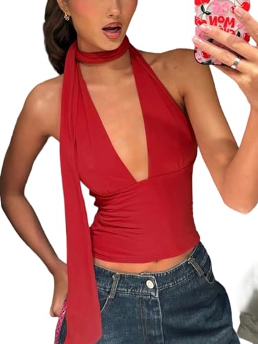 SOLY HUX Sexy Tops for Women Going Out Halter Scarf Crop Top Deep V Sleeveless Backless Vest Party Clubwear Plain Red Large