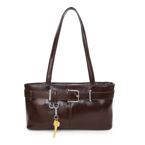 Vintage Y2K Shoulder Bag for Women - Small Belt Buckle Satchel Purse, Underarm Tote Handbag for Daily Use,-Coffee