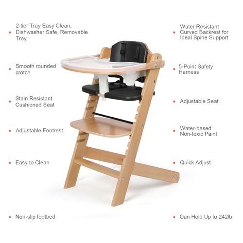 Cowiewie Natural Wooden High Chair for Babies & Toddlers 3-Tier Remove & 2 Adjustable Tray, 8 Adjustable Highchair with Cushions, Easy to Clean (Black)