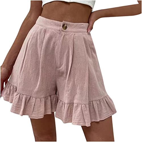 Women Comfy Button Casual High Waist Pure Color Shorts Summer Beach Lightweight Ruffles Short Pants With Pockets Pink #TOP25