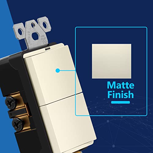 Image of LIDER Minimalist Design Lighted Double Switch, Combination Frameless Decorator Switch with Locator Light, Ground Terminal, Single Pole, 15A 120-277V, UL Listed, Thermoplastic, Matte Light Almond