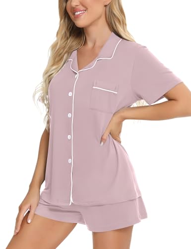 Image of SWOMOG Womens Button Down Pajamas Set Short Sleeve Sleepwear Bride Soft Pj Lounge Sets XS-3XL