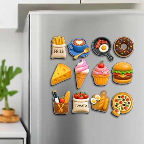 Image of Regalo Casila Cute Food Fridge Magnets Set of 12 Strong Magnetic Decorative Kitchen Magnets for Refrigerator Wooden Glossy Cartoon Fridge Sticker Set for Home Office School