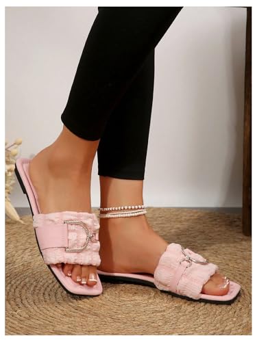 GORGLITTER Women's Rhinestone Buckle Pink Flat Sandals Square Open Toe Slides Dressy Slip on Shoes 20254