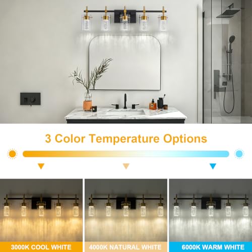 Image of 5-Light Black and Gold Vanity Light with 3 Color Modes (3000K /4000K /6000K), Eye Protection LED Bathroom Light Fixture, Dimmable Modern Wall Light Over Mirror with Clear Glass Shade