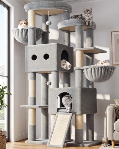 Image of Globlazer Sturdy Cat Tower for Indoor Cats 20lbs, 76in, S76E, Light Grey | Heavy Duty Cat Tree for Adult Big Cats Maine Coon with Scratching Post, 2 Extra Large Top Perch, 2 Padded Cat Condos
