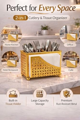 Image of Cutlery Holder for Dining Table with Tissue Holder | Golden Metal Spoon Fork Knife Stand Organizer | Tabletop Cutlery Stand for Kitchen