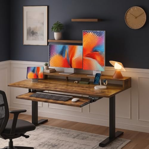 Image of TEKAVO Thron Electric Height Adjustable Table with Moniter Riser & Keyboardtray I Standing Desk I Workstation for Home Office I Work Table for Laptop pc (120Lx60Wx70to120H CM) Forest & Black I DIY