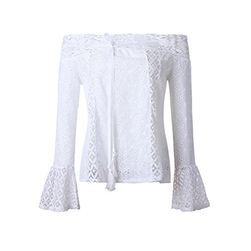 Minetom Femmes Amincissant Chic Epaule Chemisier Dentelle en Vrac Épaule Nu Manche Longue Chemise T-Shirt Lâche Tops De Plage Blanc FR 40