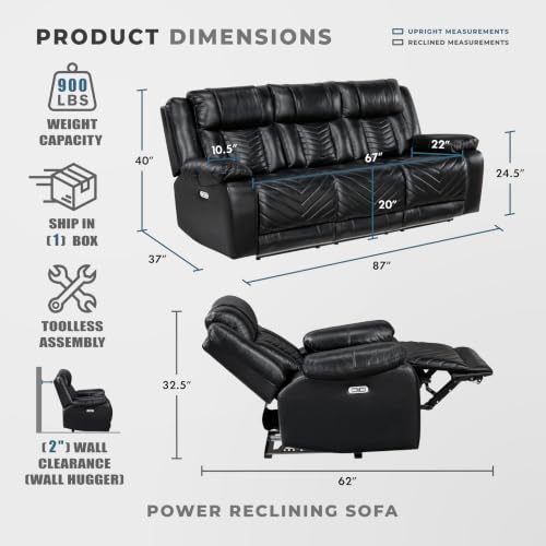 Image of Lexicon Power Double Reclining Sofa, Center Drop Down Table, Black