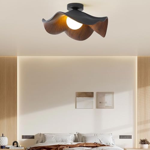 Lámpara de techo moderna de mediados de siglo, semiempotrada, diseño de flores blancas grandes con acabado de grano de madera, iluminación de estilo vintage para cocina, baño, dormitorio y sala de