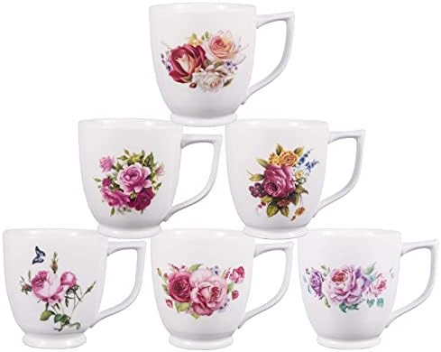 QCH Teagas Porcelain Floral Tea Cup Set Rose Peony Cups Coffee mugs for Women Latte Cups Set of 6/16 oz
