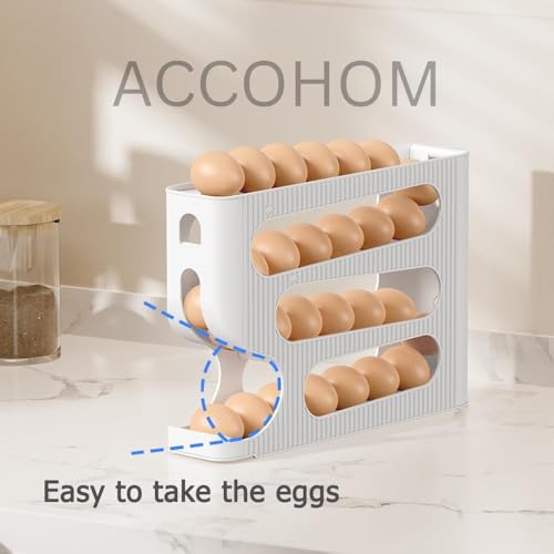 Image of 4 Tier Automatic Egg Dispenser for Refrigerator, Roll Down Egg Holder, 30 Eggs Storage Capacity, Space Saving Kitchen Fridge Organizer (White)