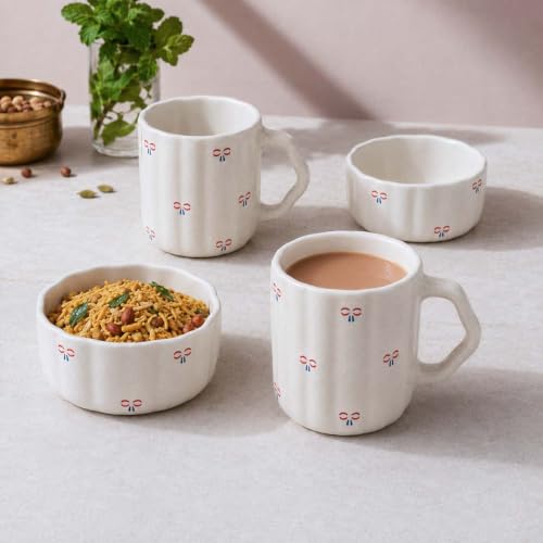 Image of The Earth Store Cream Bow 250ML Ceramic Bowl Set of 2 & 300ML Coffee Mug Set of 2 | Microwave & Dishwasher Safe Mug and Bowl Combo Set for Serving Tea Snack | Perfect for Gifting & Daily Use