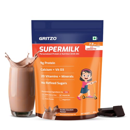 Image of Gritzo SuperMilk Growth (7-9y Girl), Double Chocolate, 800g | 9g Protein with 20 Vitamins & Minerals | Zero Refined Sugar